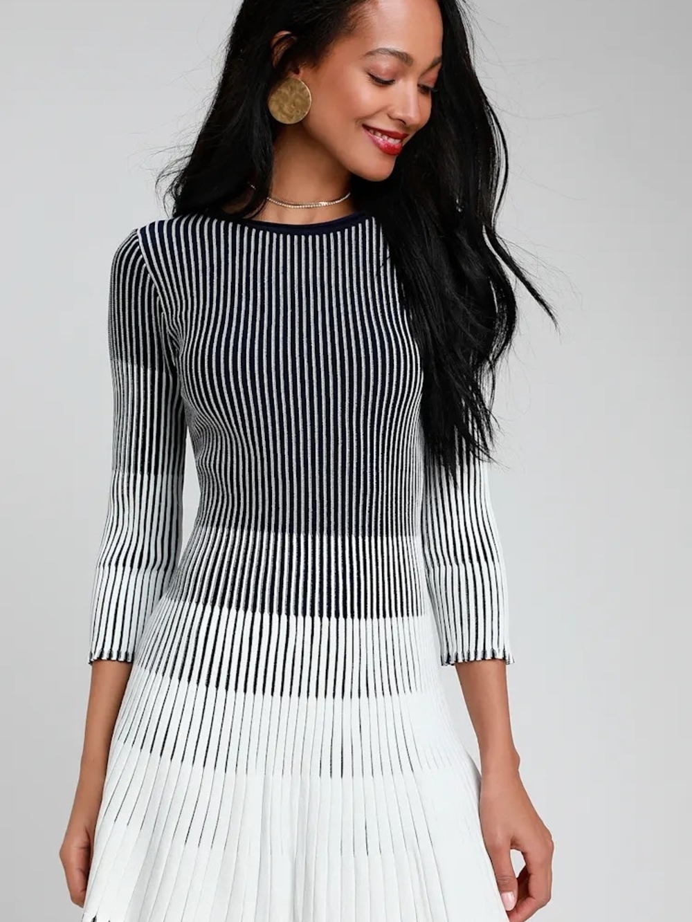 🆕️LULUS Toria White and Navy Blue Striped Pleated Sweater Dress